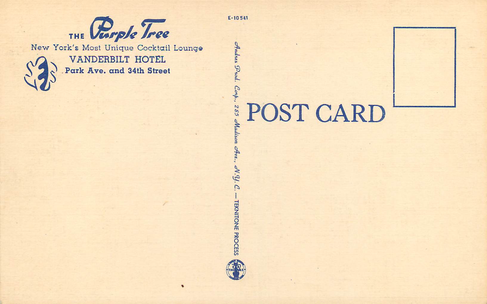 Purple Tree Cocktail Lounge — The Vanderbilt Hotel, N.Y. — Rückseite