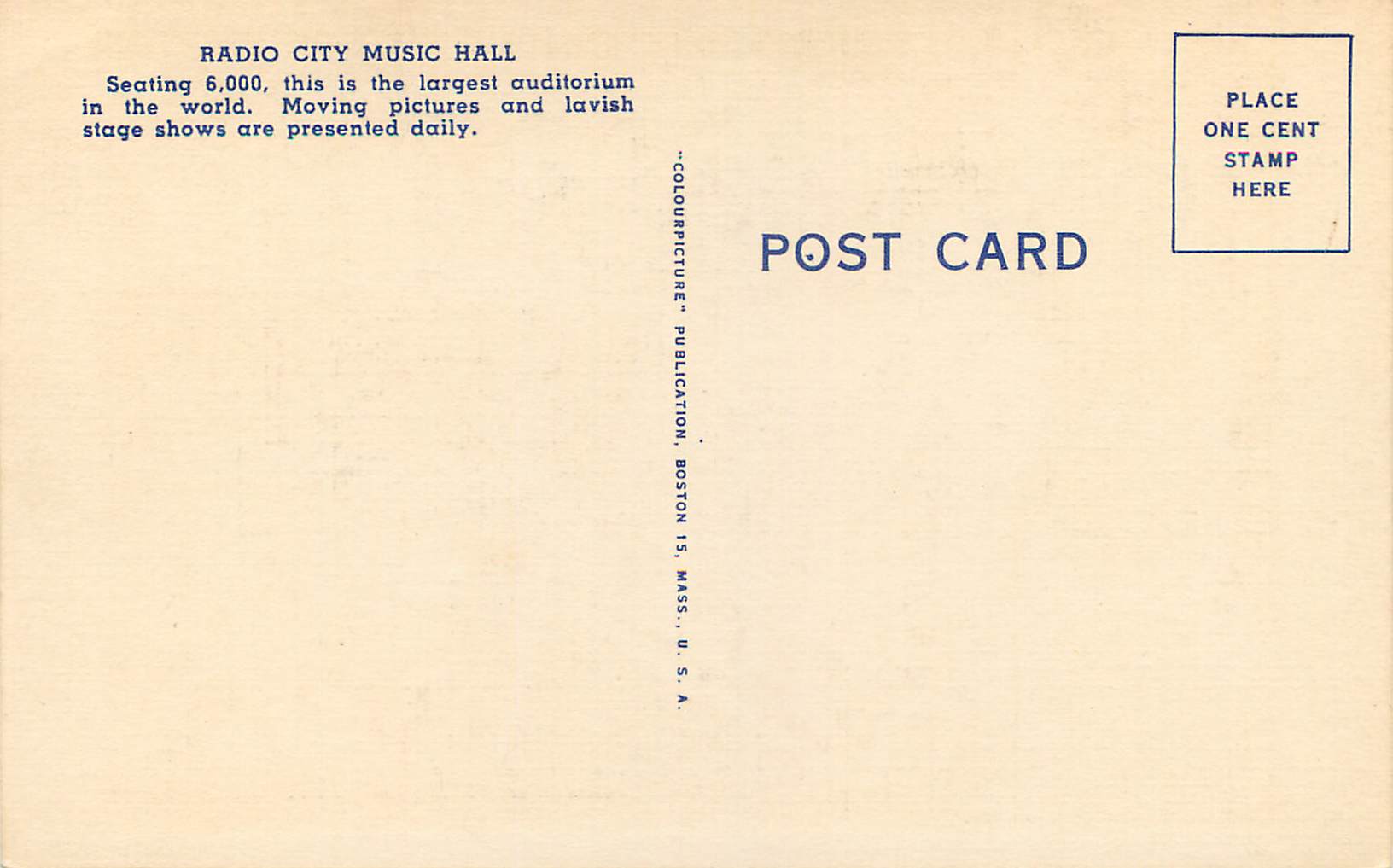 Radio City Music Hall — New York City — Colourpicture Publication, Boston — Rückseite