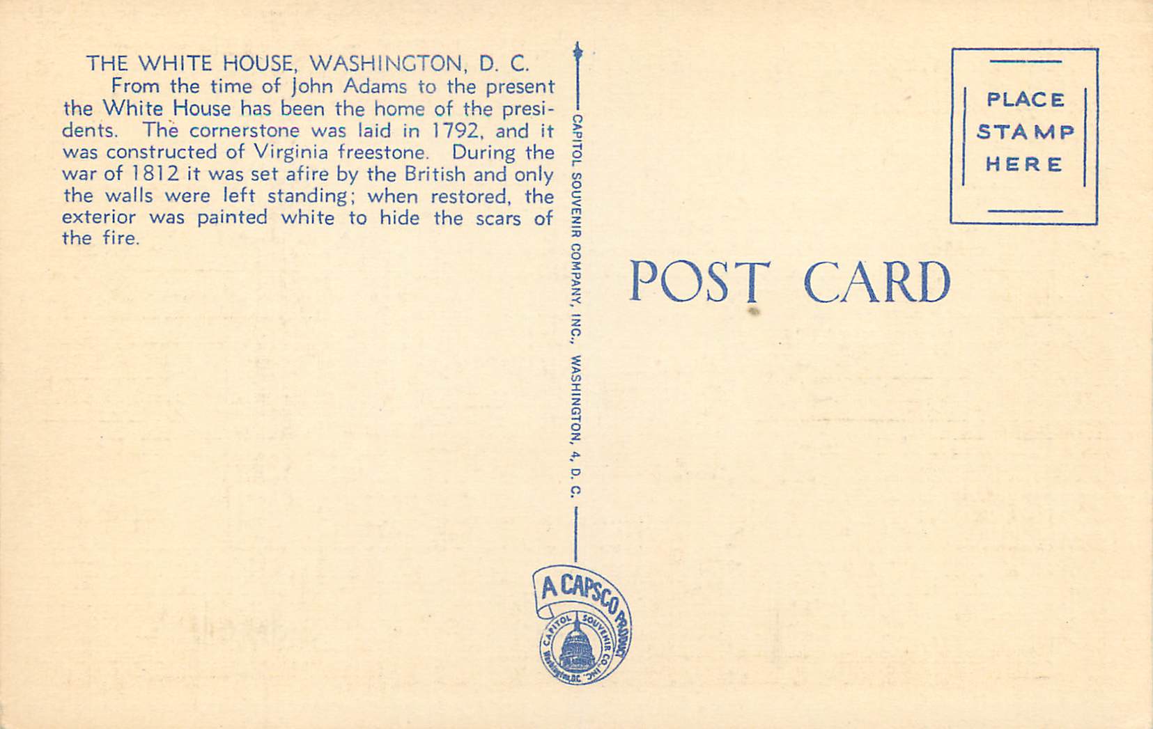 CPA Washington D C The White House — Rückseite