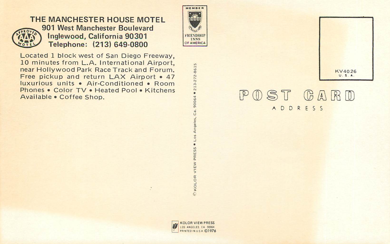 CPA California Manchester House Motel Inglewood — Rückseite