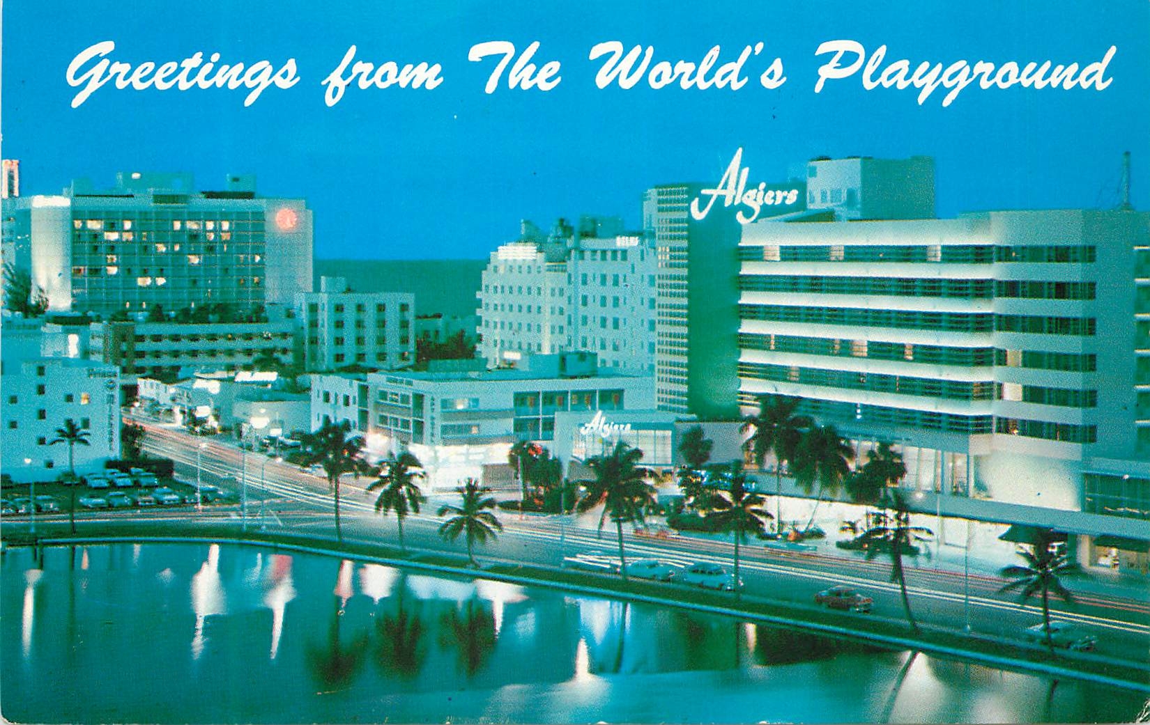 CPM Miami Beach Florida Night view Greetings from the World's Playground Algiers