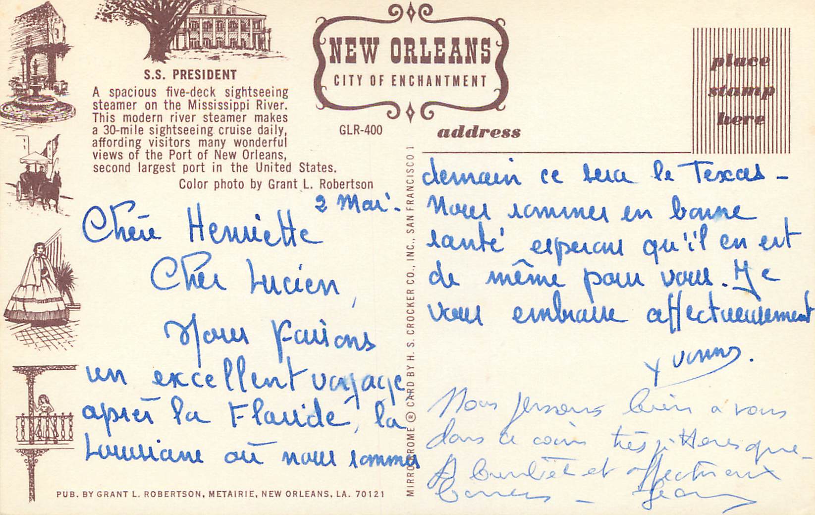 CPM New Orleans S S President Bateau — Verso