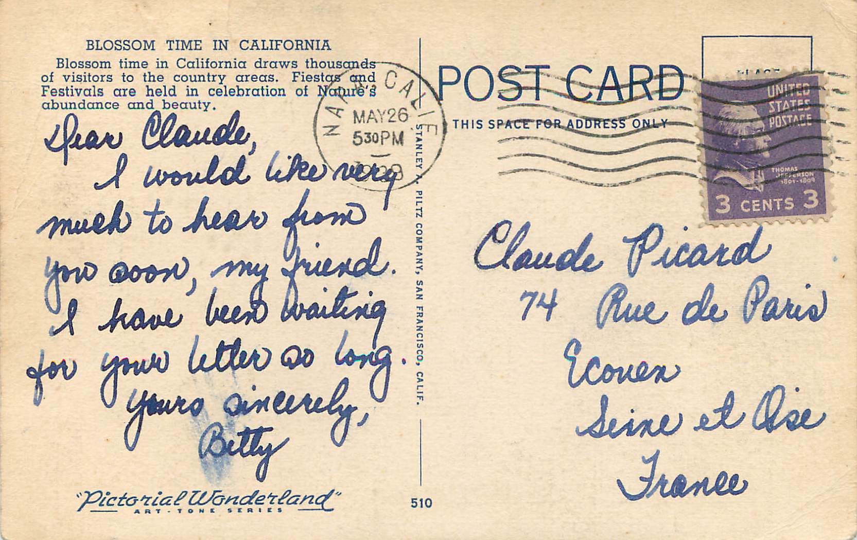 CPA Blossom Time in California — Rückseite