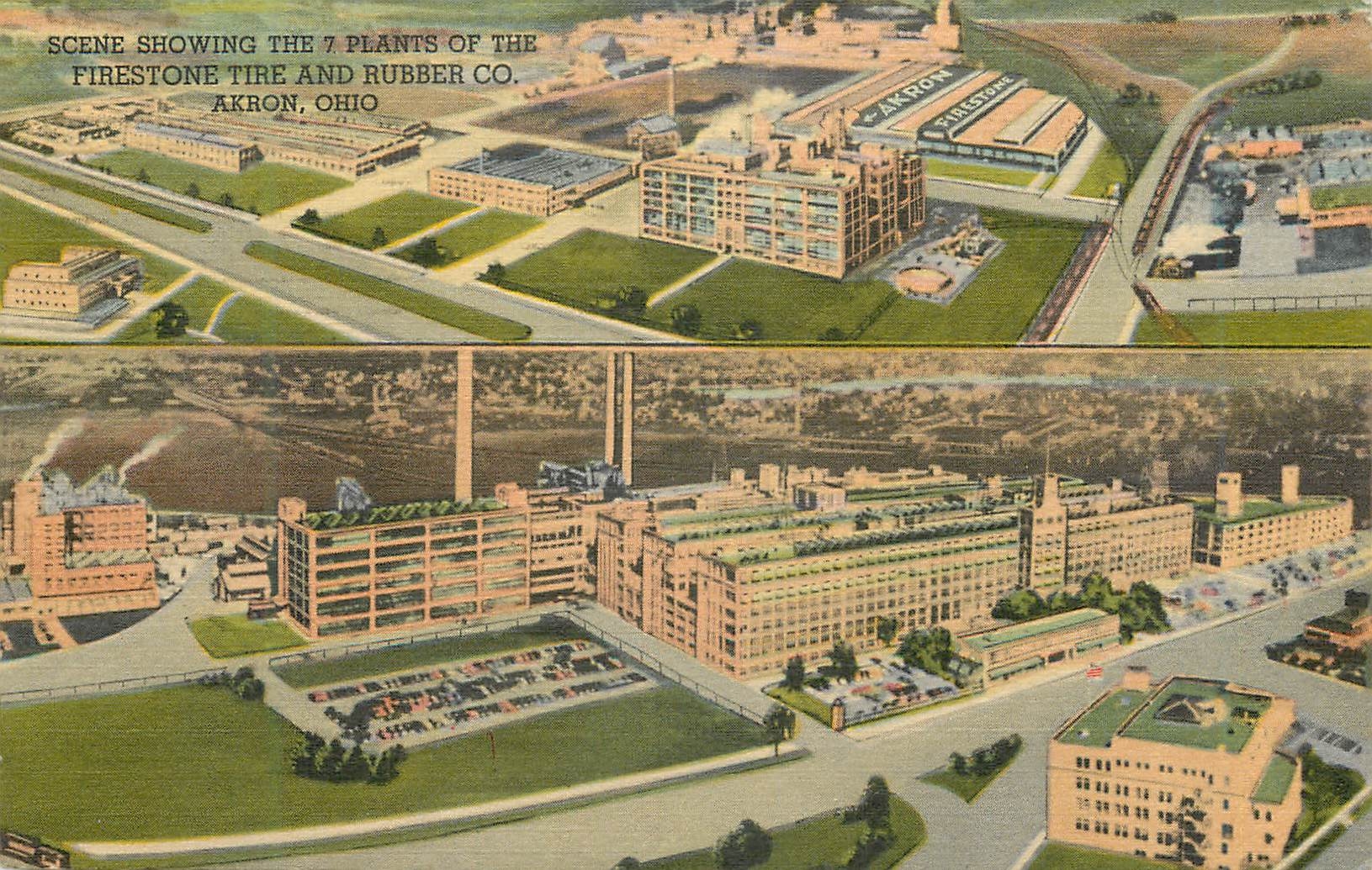 Scène des 7 usines de la Firestone Tire and Rubber Co. — Akron, Ohio — éditeur Central News Company