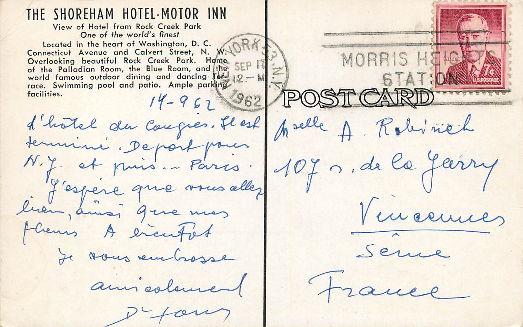 CPA The Shoreham Hotel Motor Inn View of Hotel from Rock Creek Park — Rückseite