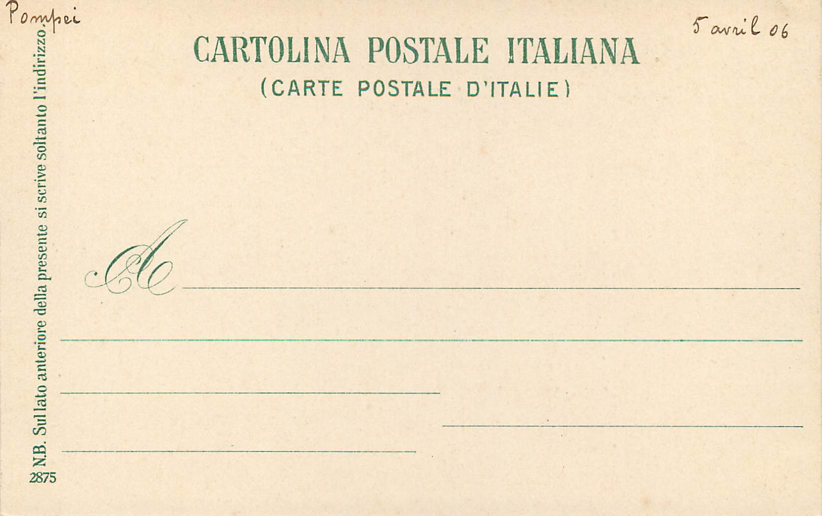 CPA Pompei Casa di Diomede — Rückseite
