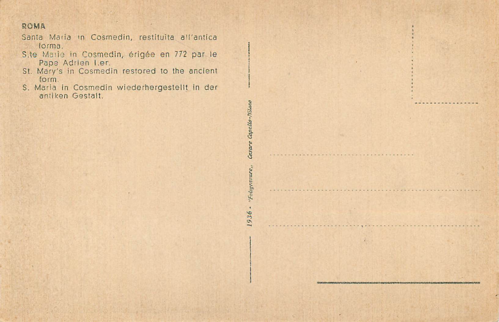CPA Roma Ste Marie in Cosmadin erigee en 772 par le Pape Adrien Ier — Rückseite