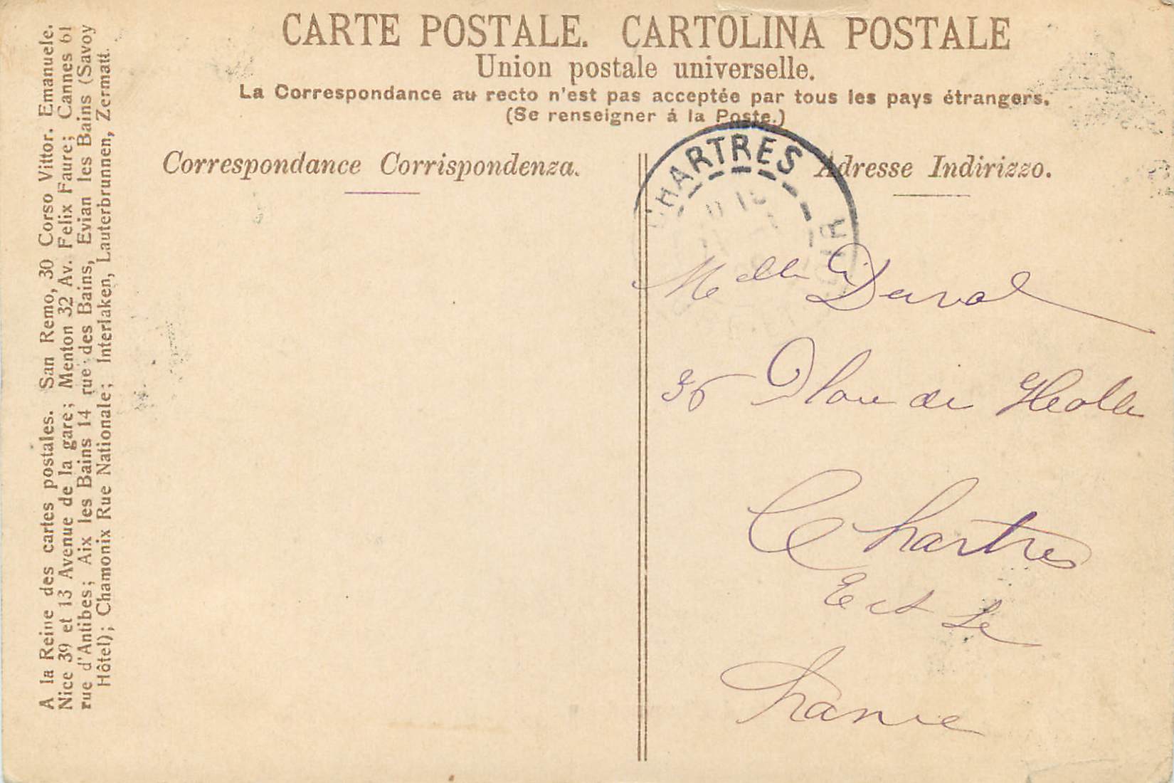 CPA San Remo Passeggiata dell Imperatrice — Rückseite