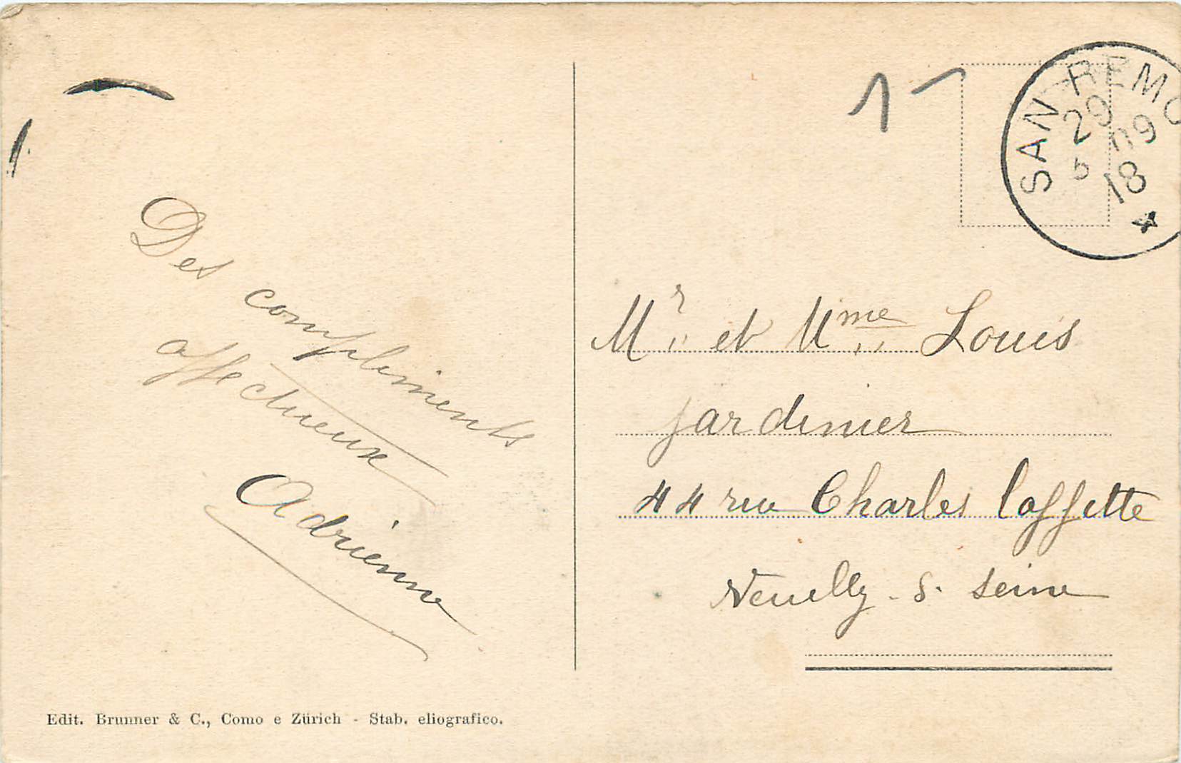 CPA San Remo Villa Marsaglia — Rückseite