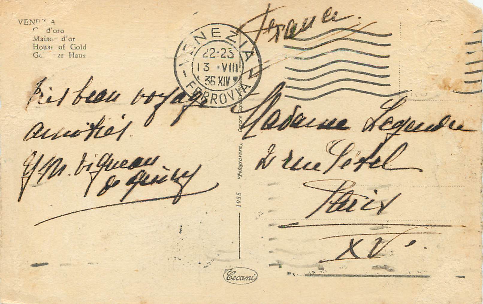 CPA Venezia Maison d'or — Rückseite