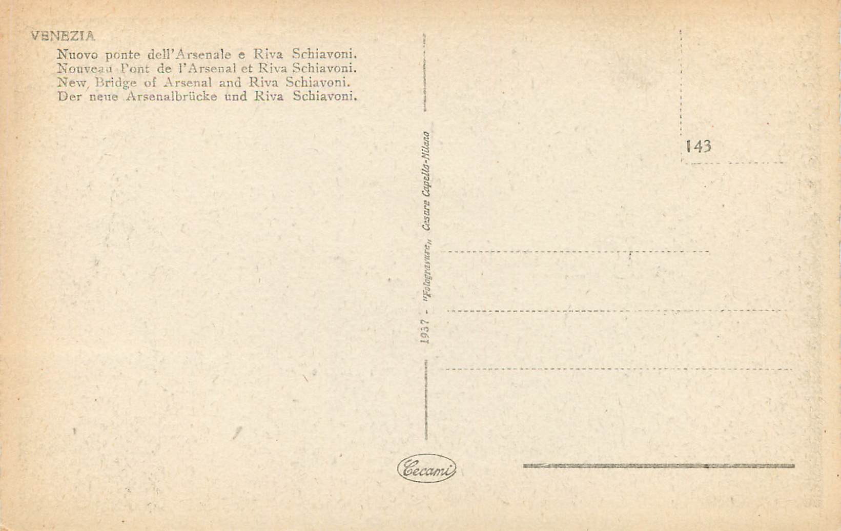 CPA Venezia Nouveau Pont de l'Arsenal et Riva Schiavoni Bateaux — Rückseite