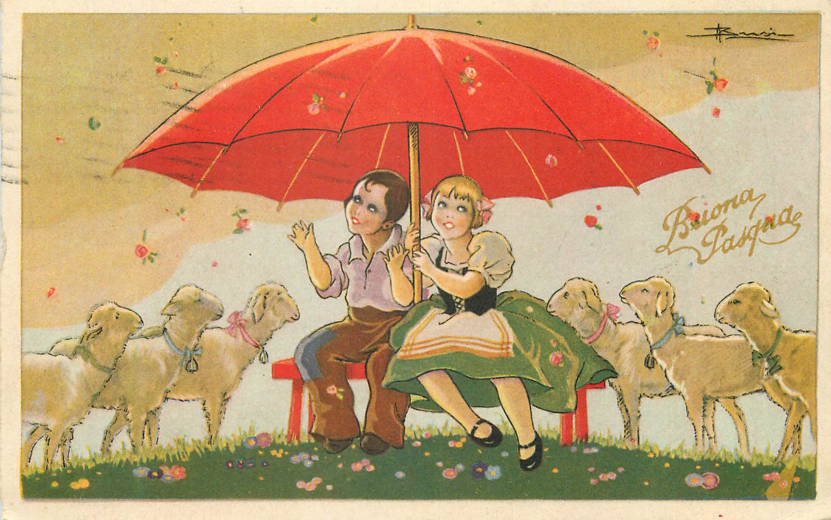 Enfants sous un parapluie rouge — avec moutons — éditeur Bonari