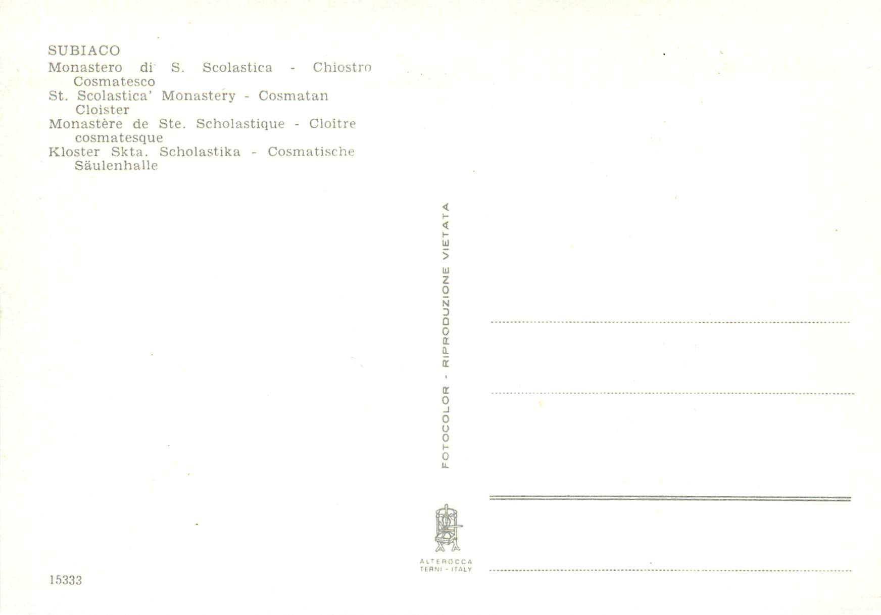 CPM Subiaco Monastere de Ste Scholastique Cloitre cosmateque — Rückseite