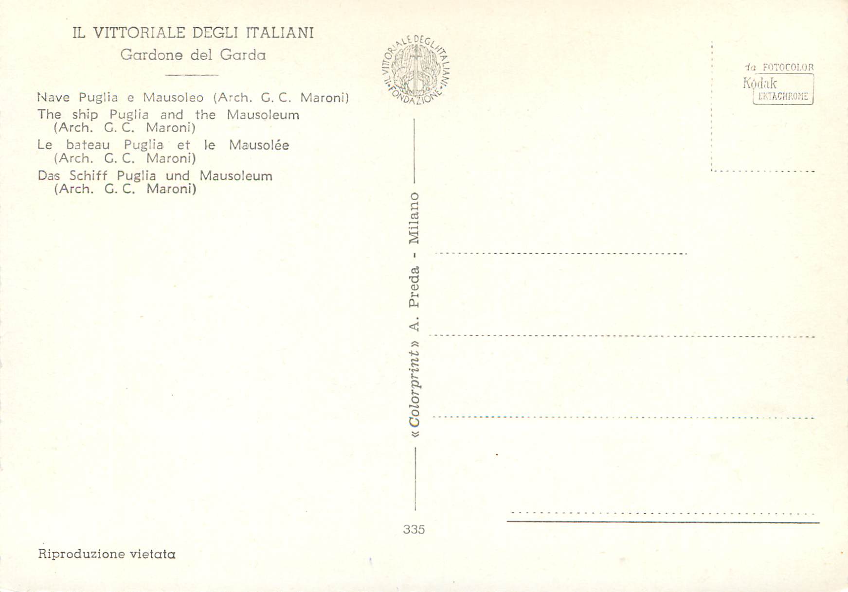 CPM Italy Italiani Le bateau Puglia et le Mausolee (Arch. G C Maroni) — Rückseite