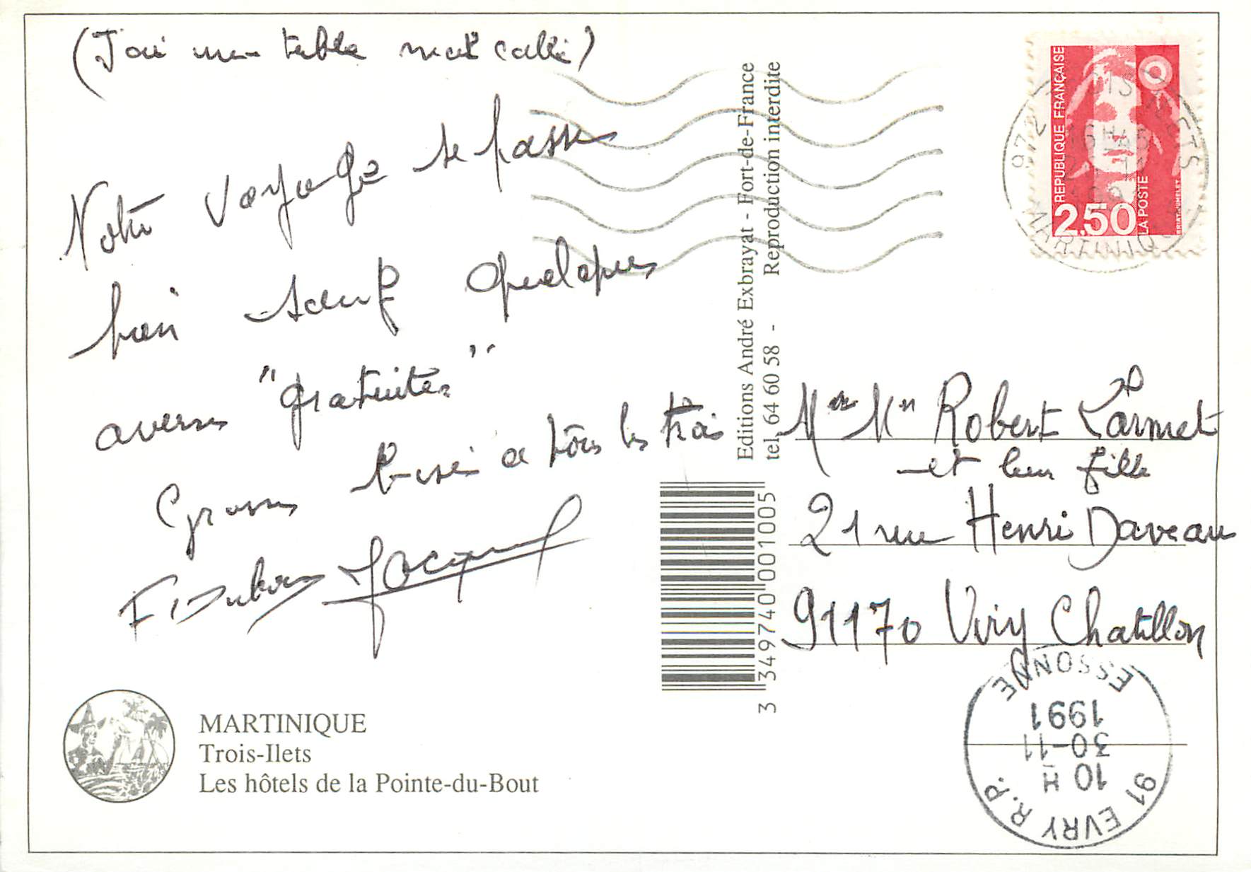 CPM Martinique Trois Ilets Les hotels de la Pointe-du-Bout — Verso