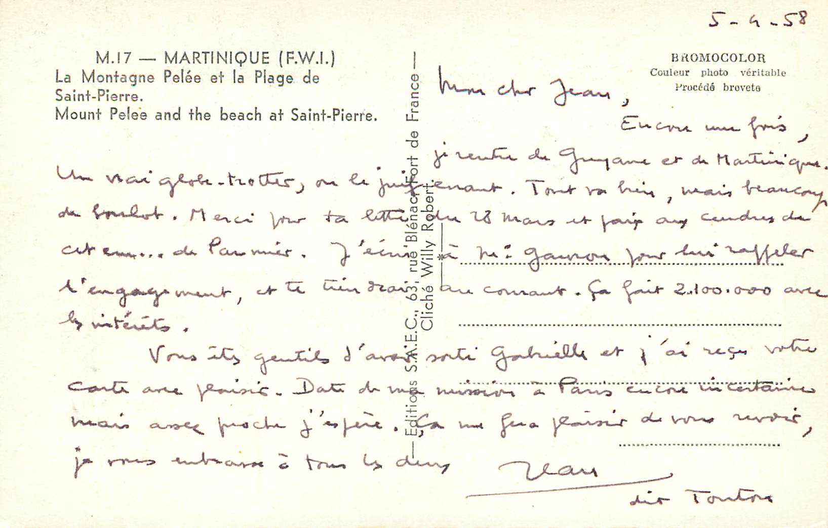 Montagna Pelée e la Spiaggia di Saint-Pierre — Martinica (F.W.I.) — Edizioni S.A.E.C. via Blénac, porto di Francia — Verso