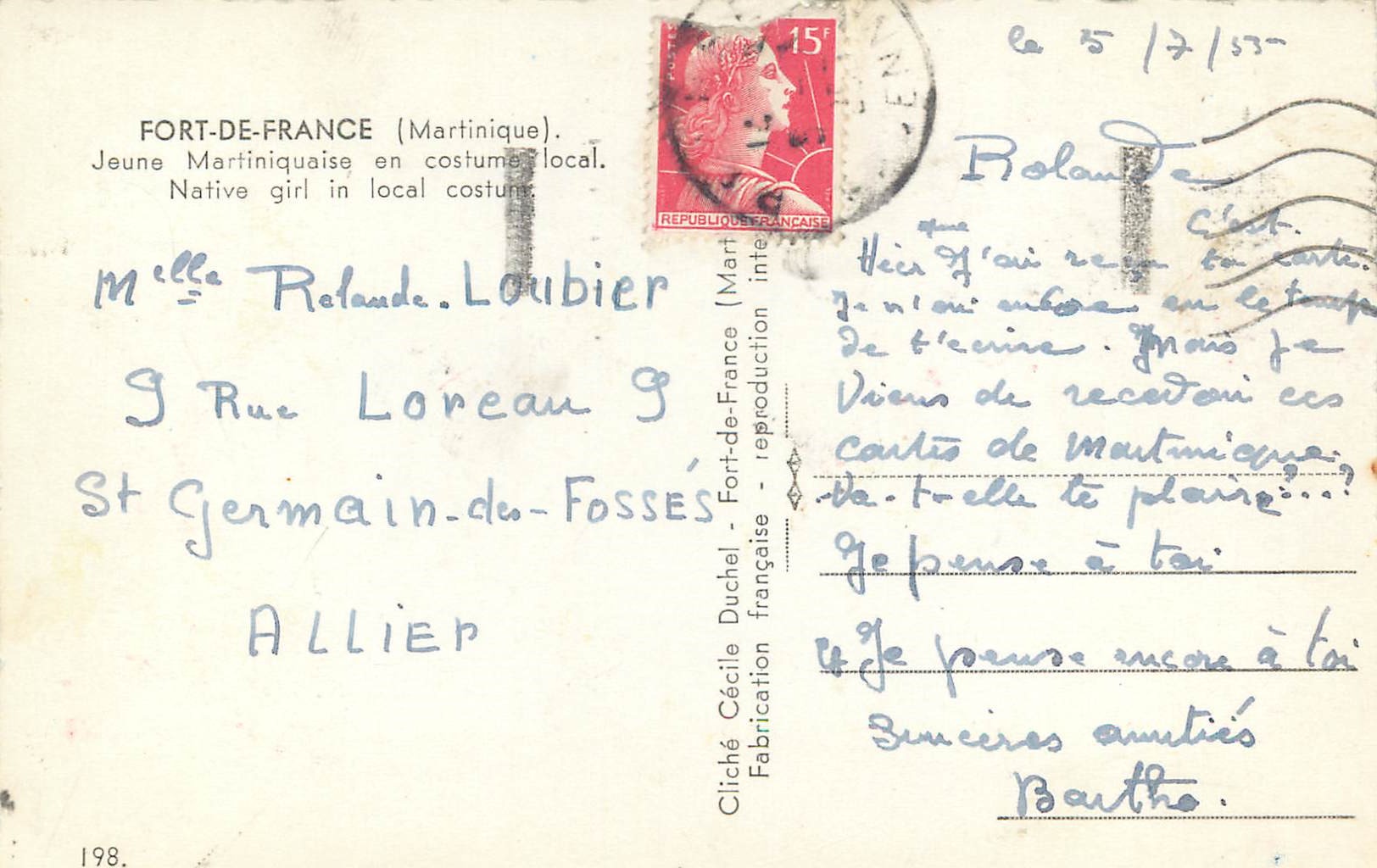 Giovane Martinicana in abito locale — Fort-de-France (Martinica) — Cliché Cécile Duchel, n°198 — Verso