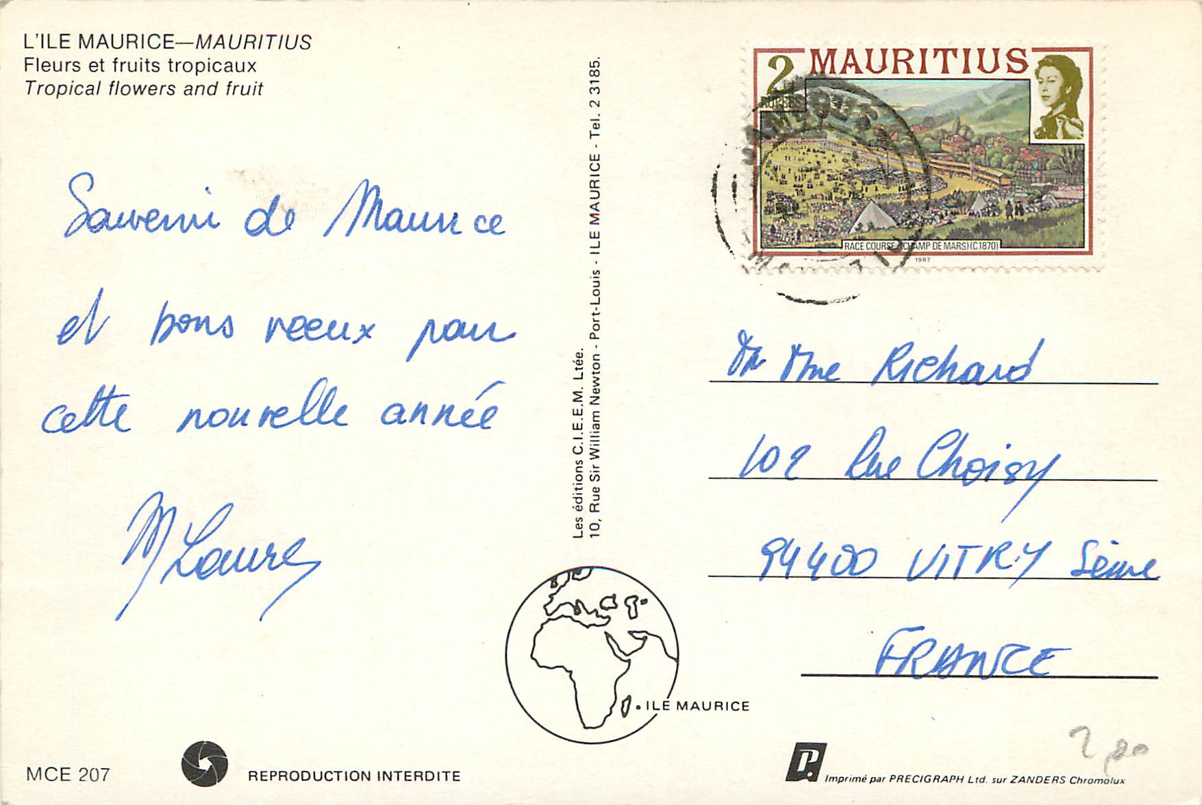 CPM Ile Maurice Fleurs et fruits tropicaux — Back