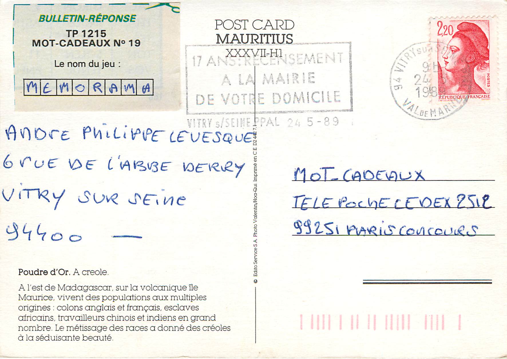 CPM Ile Maurice Poudre d'Or A creole — Rückseite
