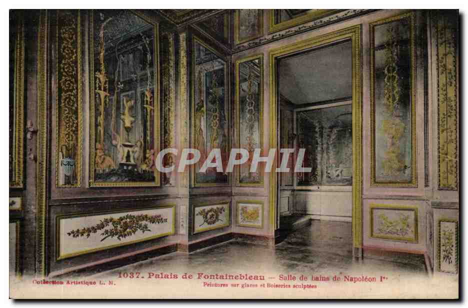 Palacio de Fontainebleau — Sala de baño de Napoleón I — Pinturas sobre vidrio y tallado en madera