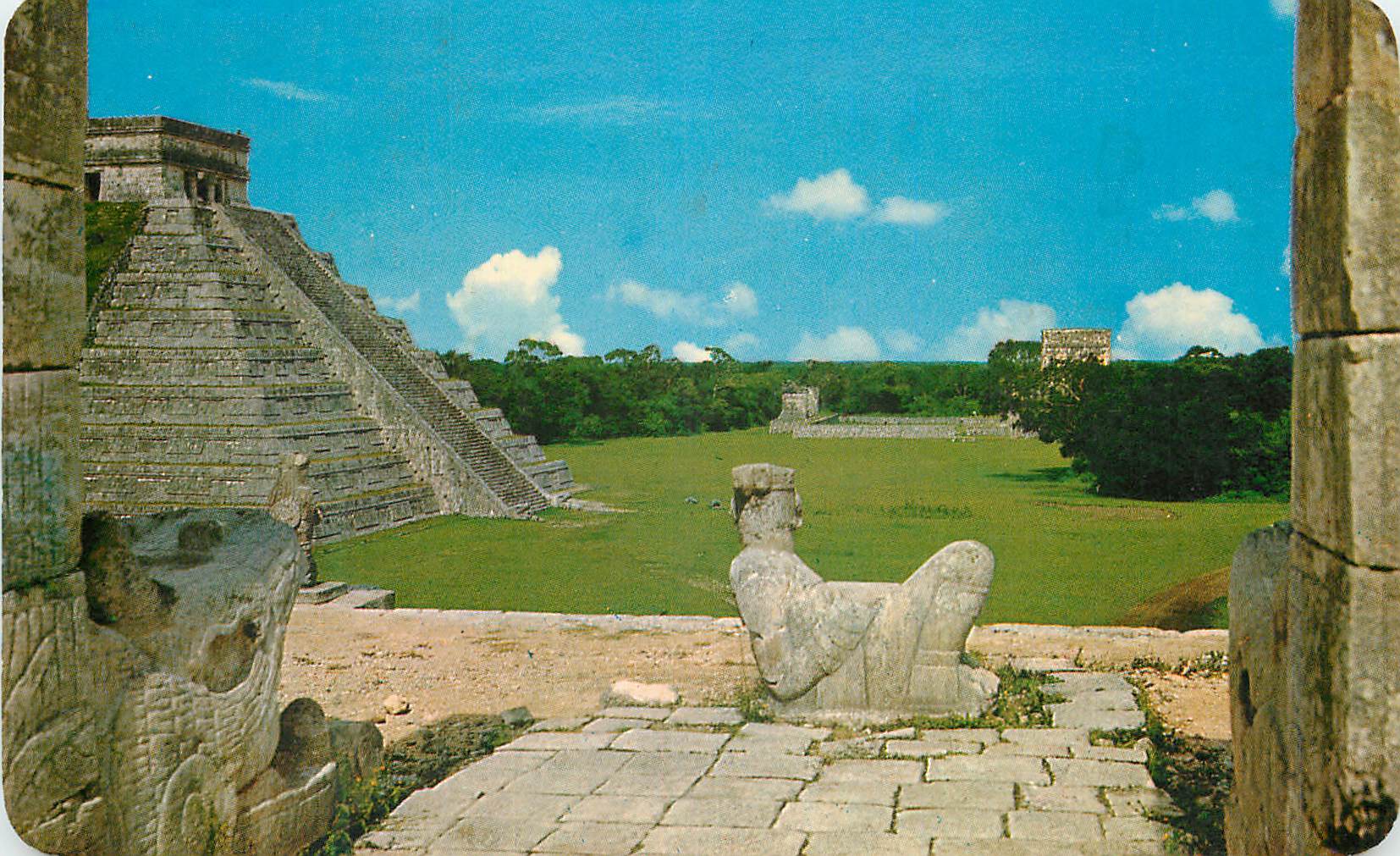 CPM Chac-mool figure at the Temple of the Warriors THE CASTLE is in the background