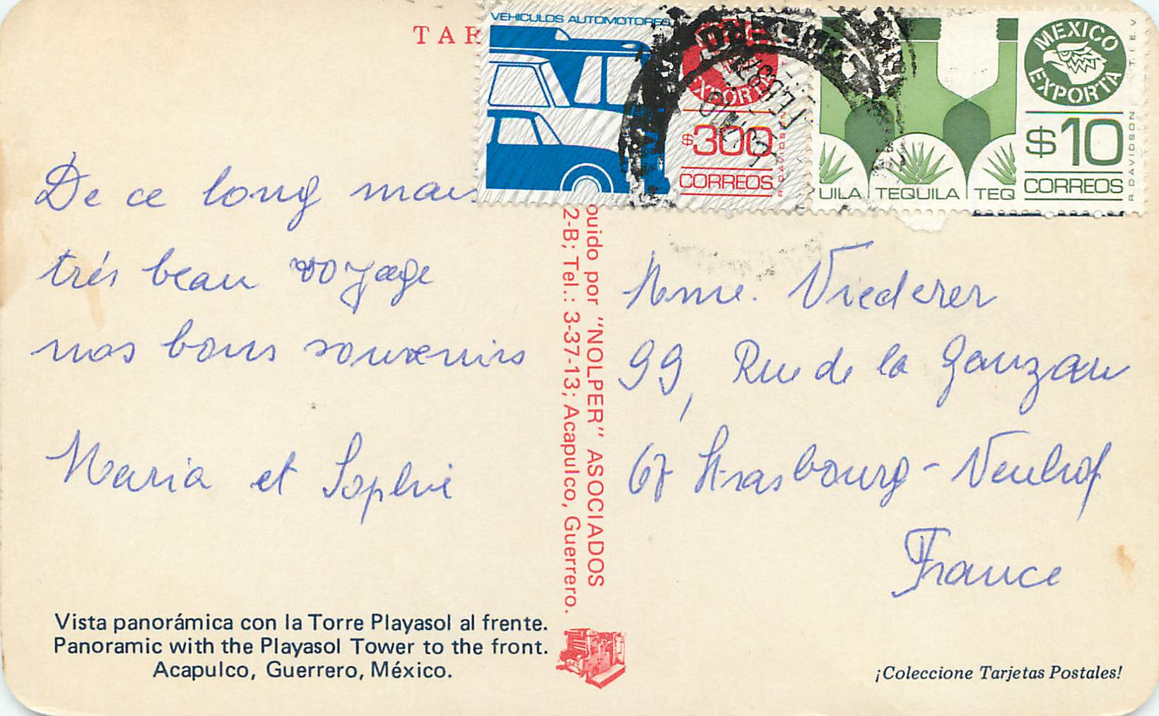 Acapulco — Vue panoramique avec la Tour Playasol — Éditeur Tarjetas Postales — Rückseite