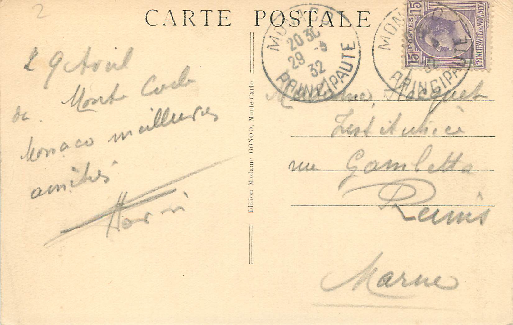 CPA MONACO - Le Palais du Prince — Rückseite