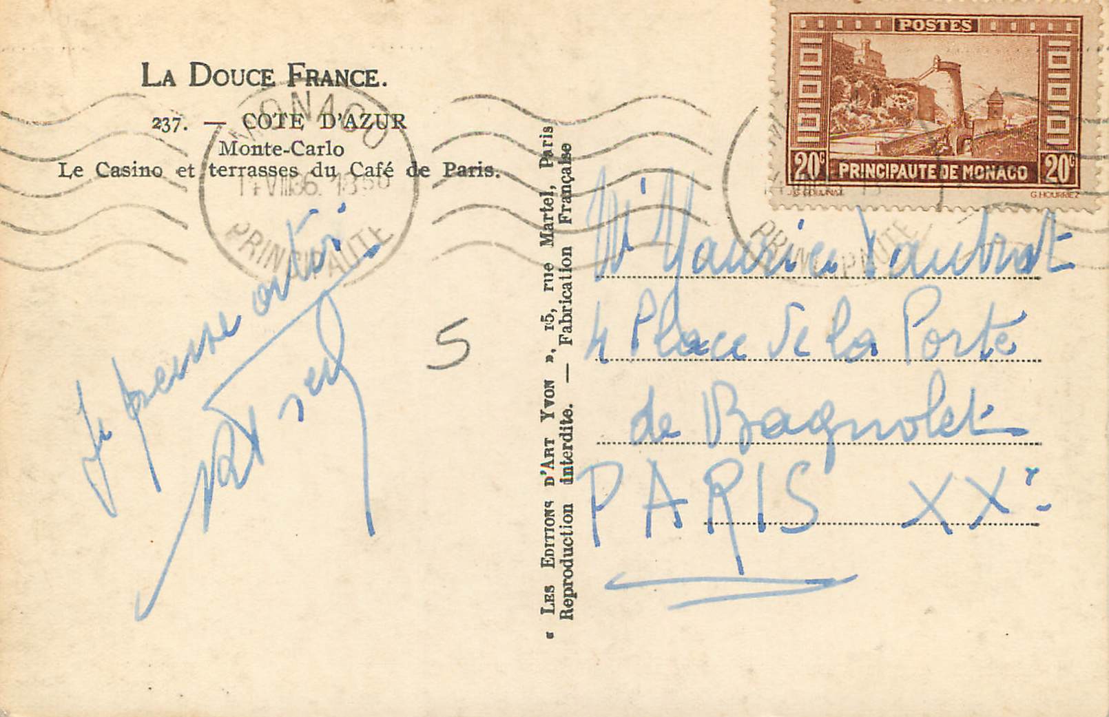 CPA La Douce France Monte-Carlo Le Casino et terrasses du Cafe de Paris — Rückseite