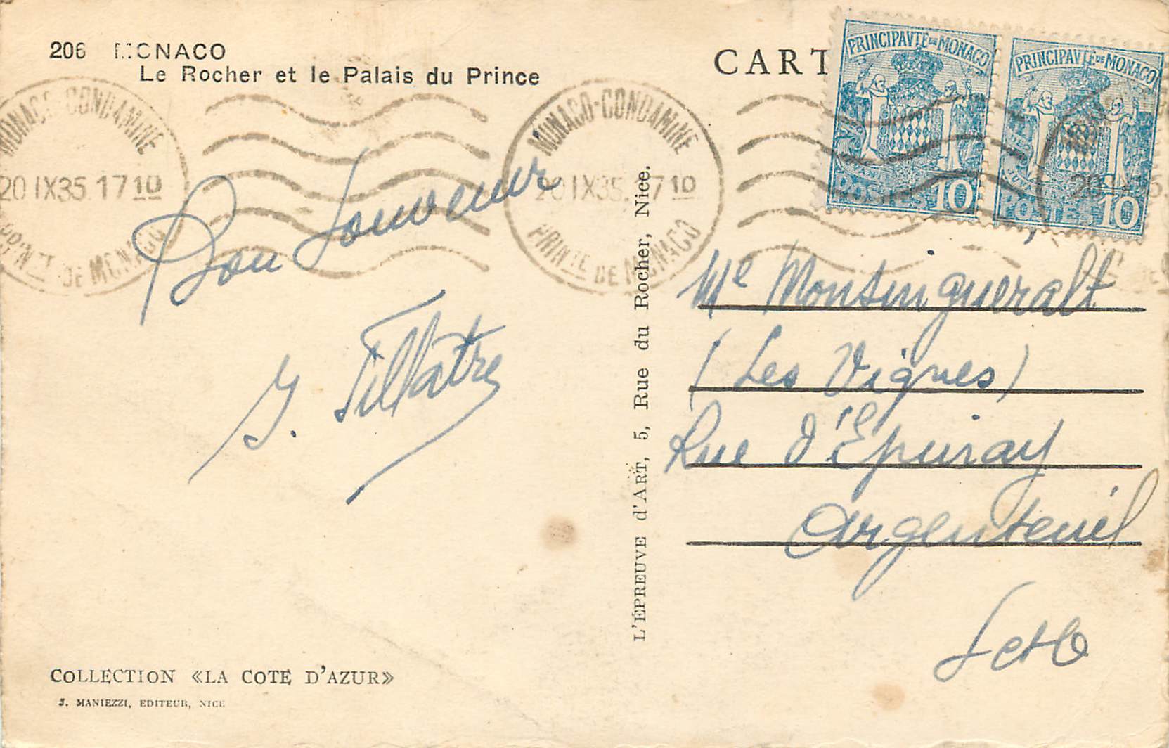 CPA Monaco Le Rocher et le Palais du Prince — Rückseite