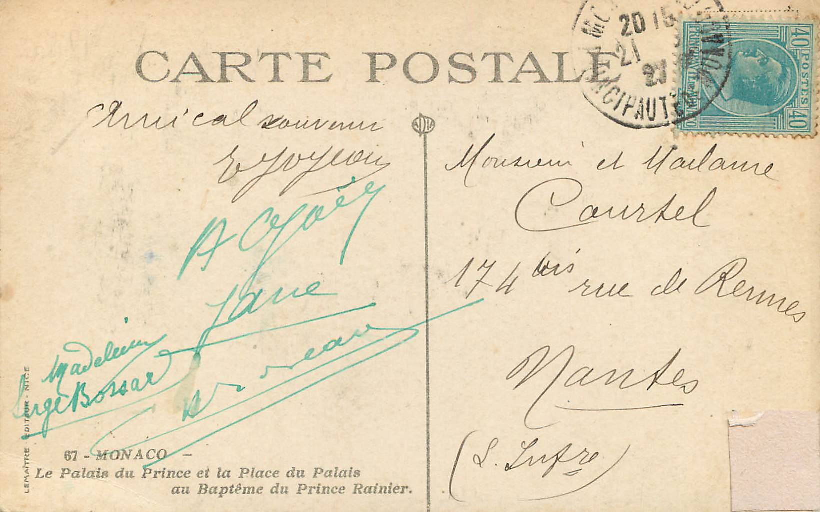 Le Palais du Prince et la Place du Palais Rainier — Monaco — éditeur Lénaître, NICE, n° de série 67 — Back