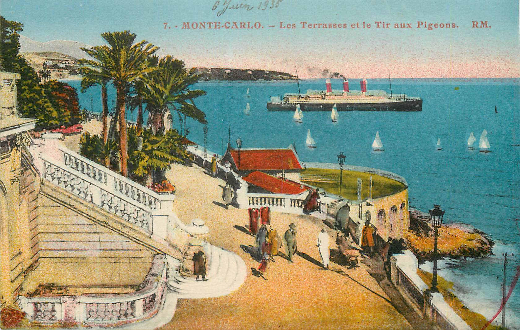 CPA Monte-Carlo Les terrasses et le Tir aux Pigeons Bateau