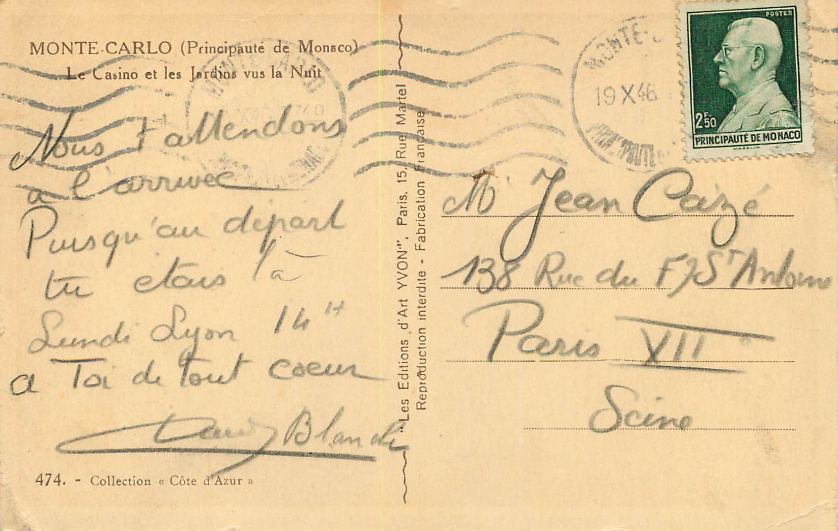 CPA MONTE CARLO le Casino et les Jardins vus la nuit — Rückseite