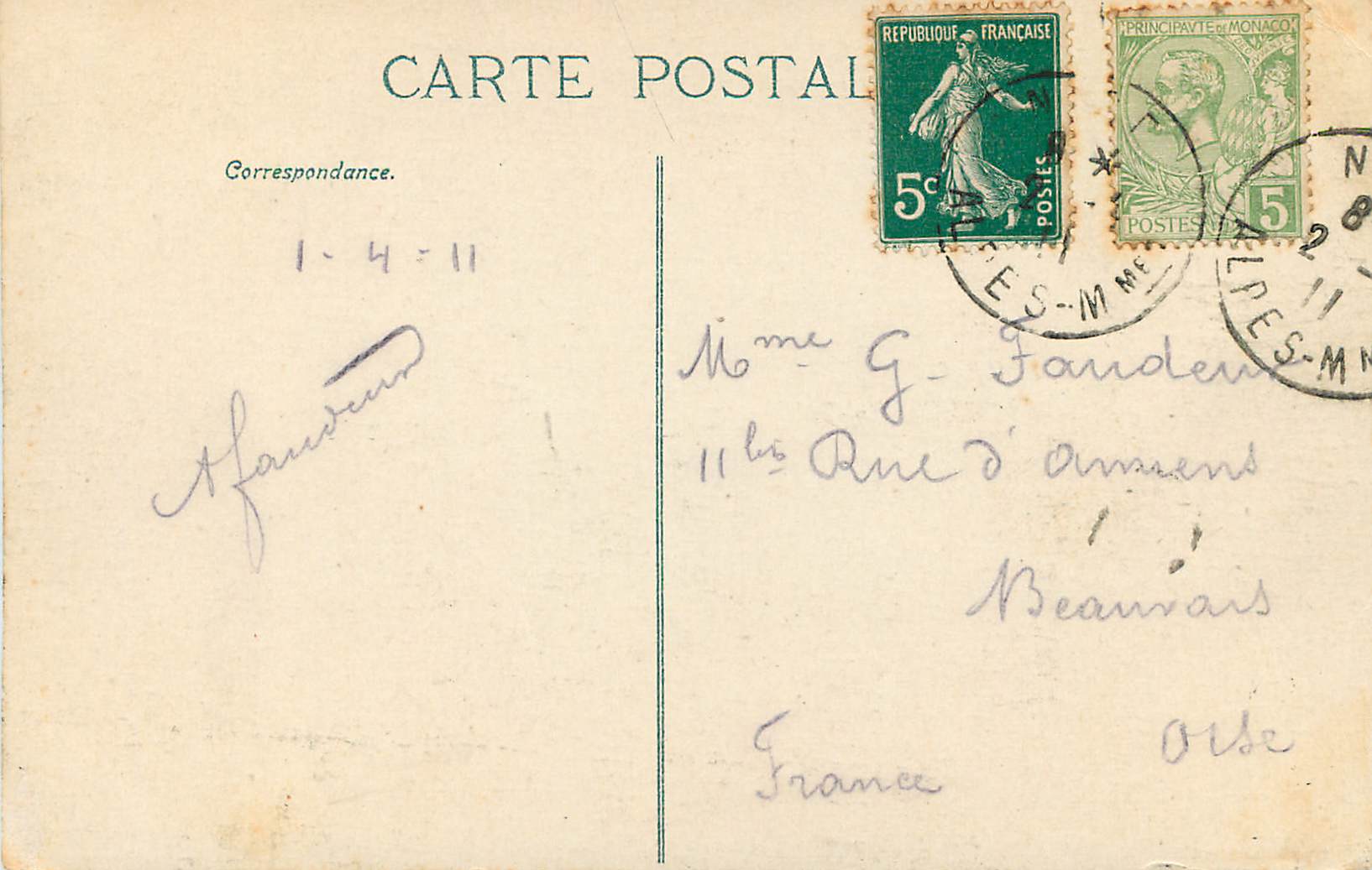 CPA MONACO Le PALAIS DU PRINCE — Rückseite