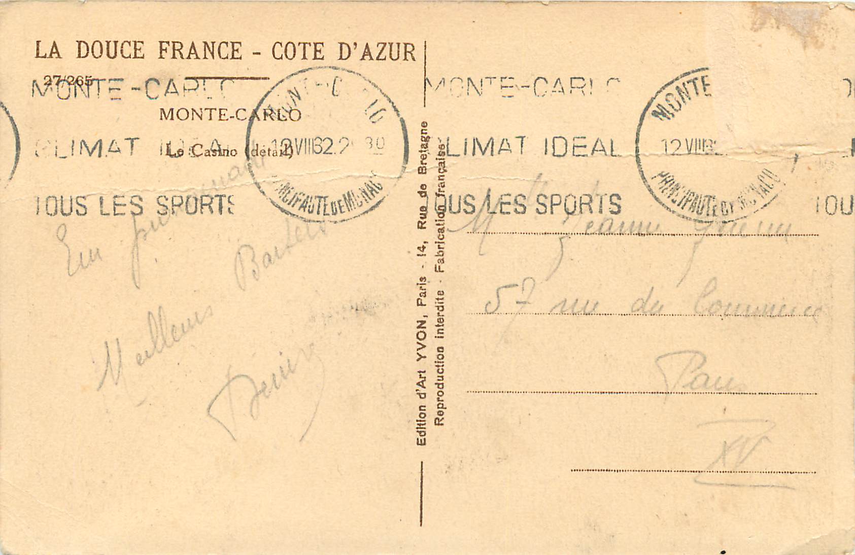 CPA LA DOUCE FRANCE - COTE D’AZUR MONTE-CARLO le casino — Rückseite