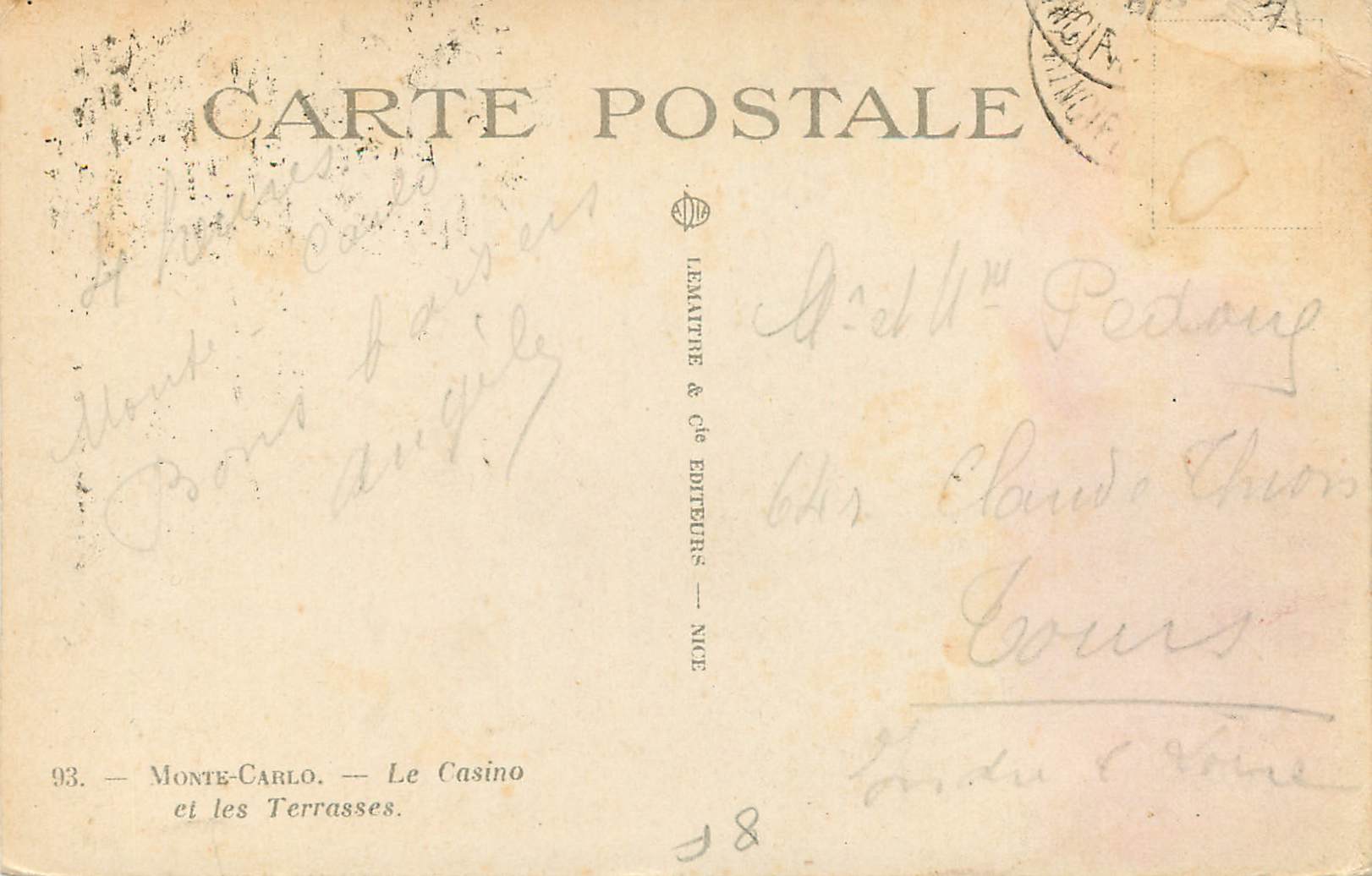 CPA Monte-carlo  Le Casino et Ies Terrasses — Rückseite