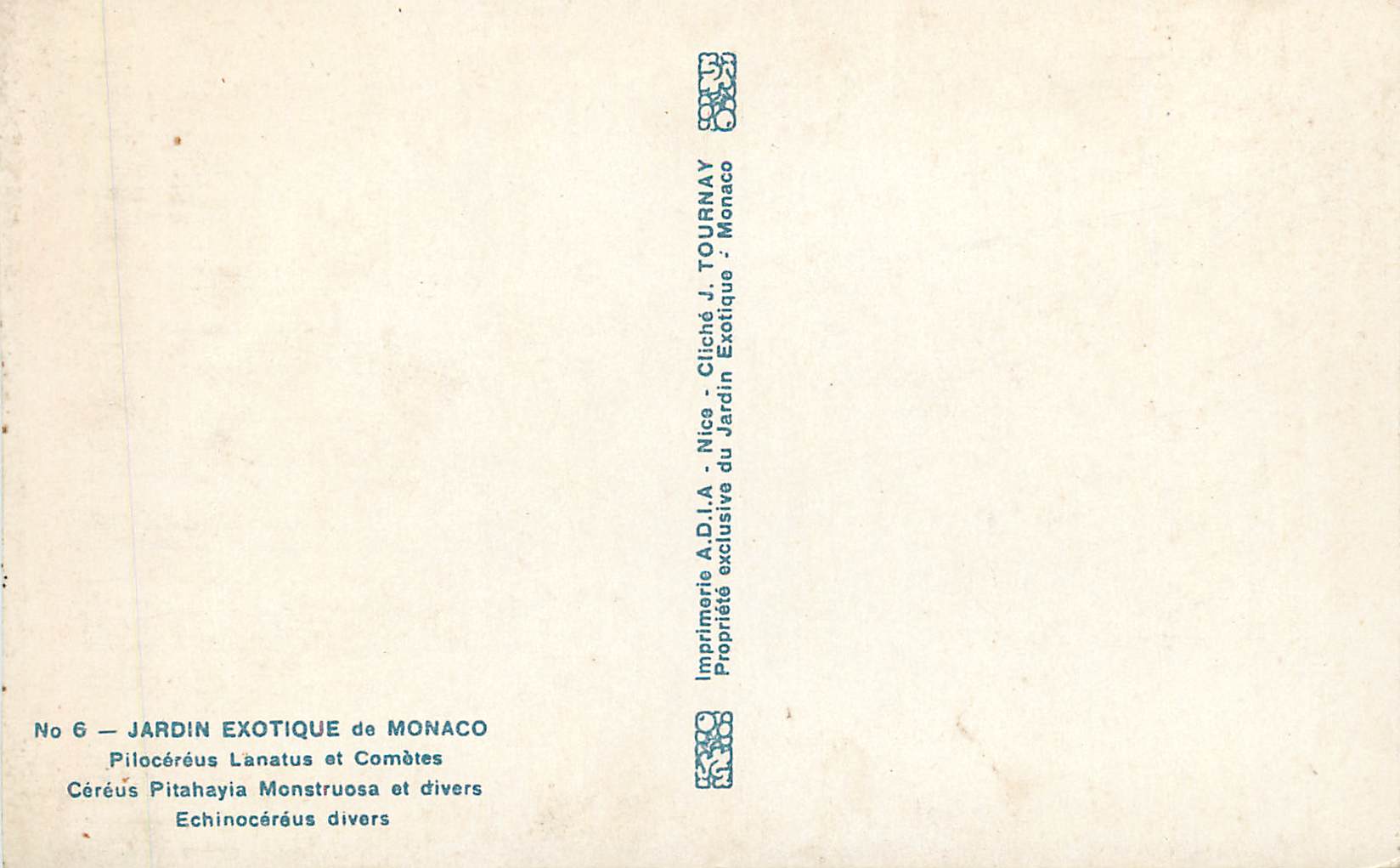 Jardin Exotique de Monaco — Pilocérées Lanatus et Comètes — Imprimerie A.D.I.A. Nice — Rückseite