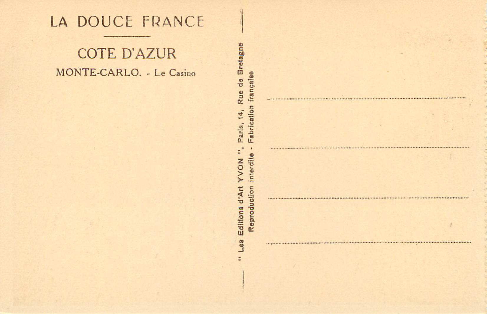 CPA COTE D’AZUR MONTE-CARLO - Le Casino — Rückseite