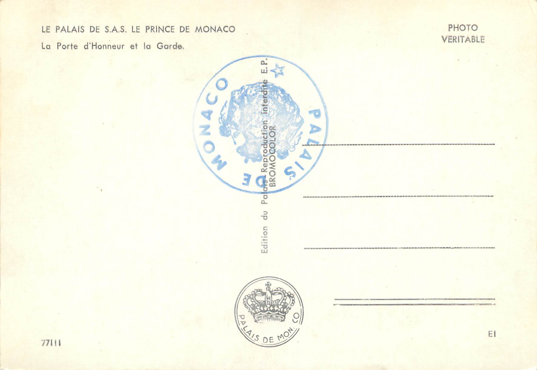 Palast von S.A.S. dem Prinzen von Monaco — Die Ehrentür und die Wache — Ausgabe des Palastes von Monaco — Rückseite