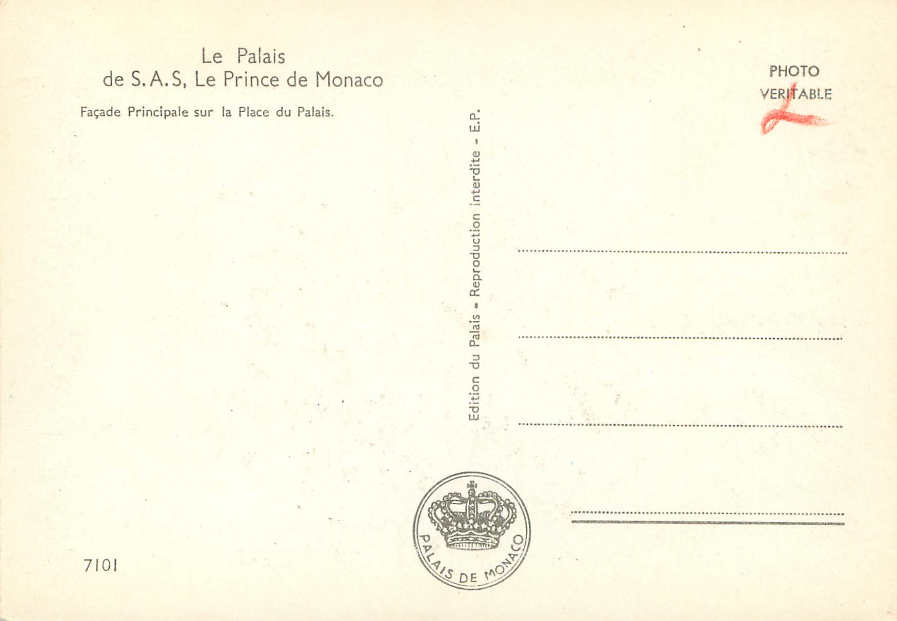 CPM Le Palais de S. A.S  Le Prince de Monaco Façade Principale sur la Place du Palais — Rückseite