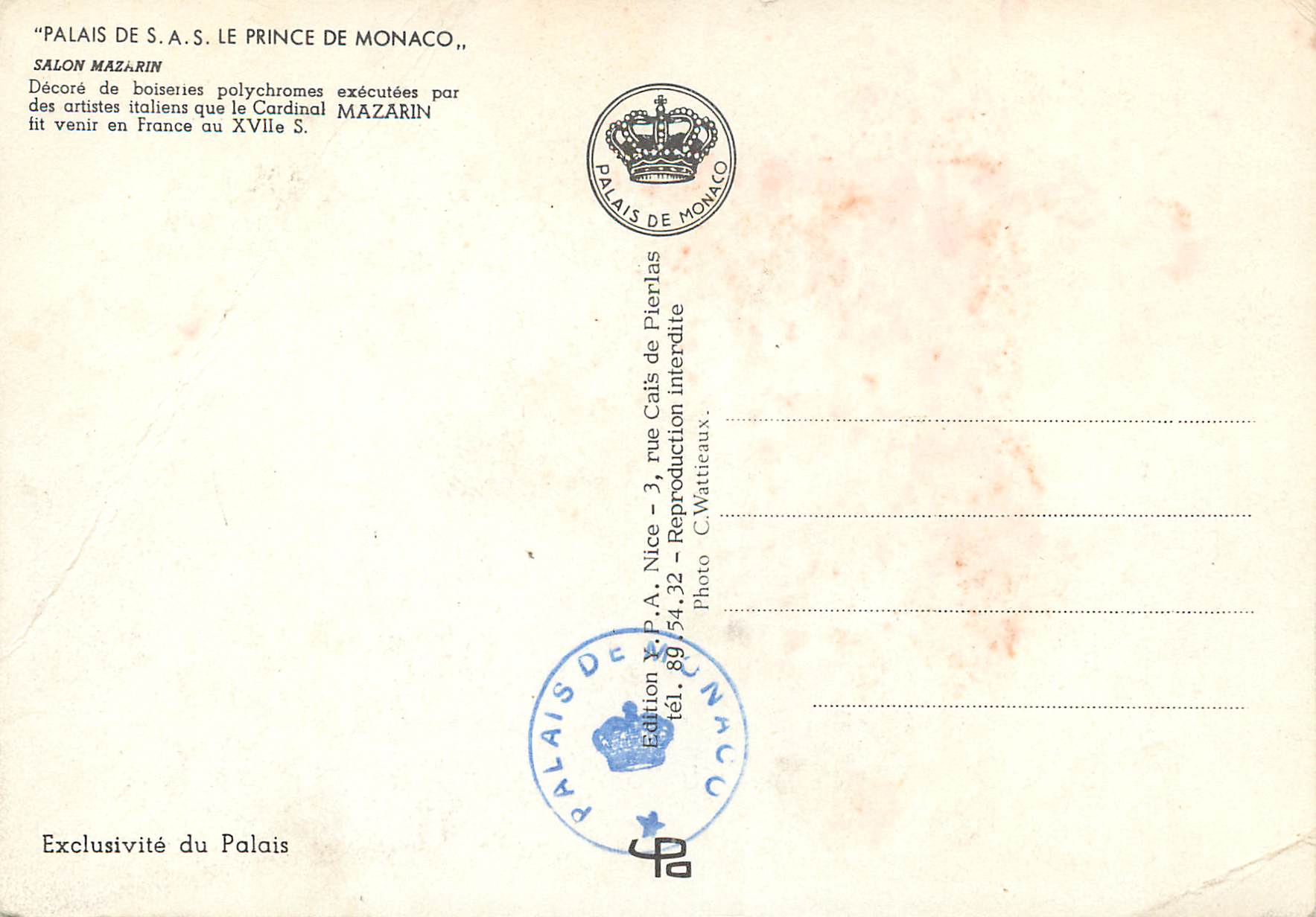 CPM PALAIS DE S.A.S. LE PRINCE DE MONACO Salon MAZARIN — Rückseite