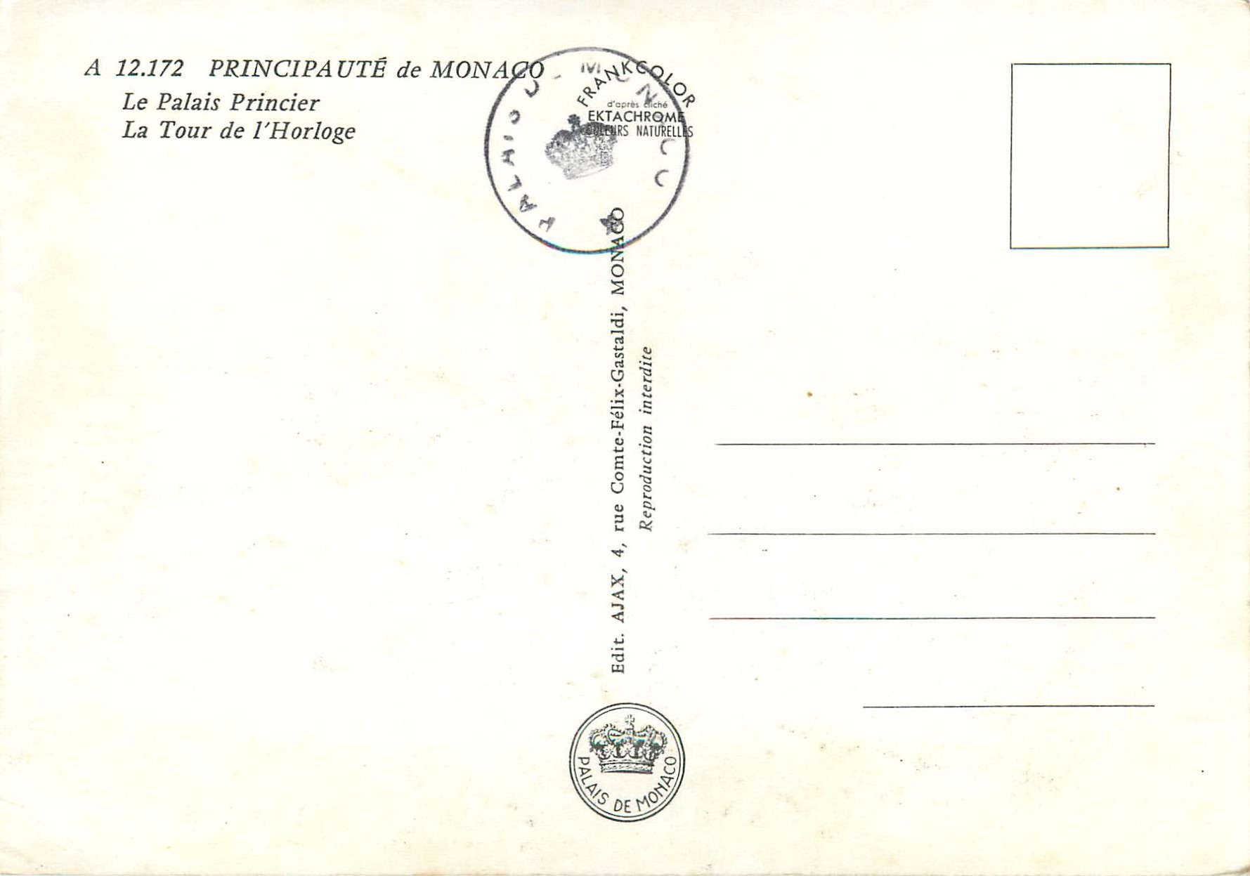 CPM PRINCIPAUTÉ de MONACO Le Palais Princier La Tour de — Rückseite