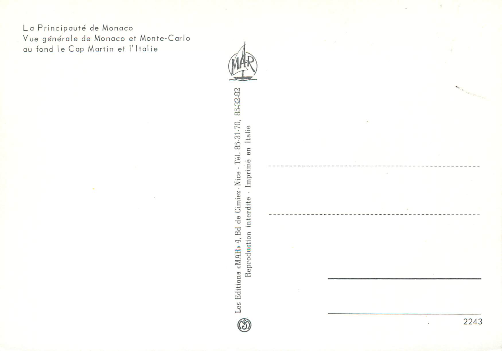 CPM Vue générale de Monaco et Monte-Carlo au fond le Cap Martin et l’italie — Rückseite