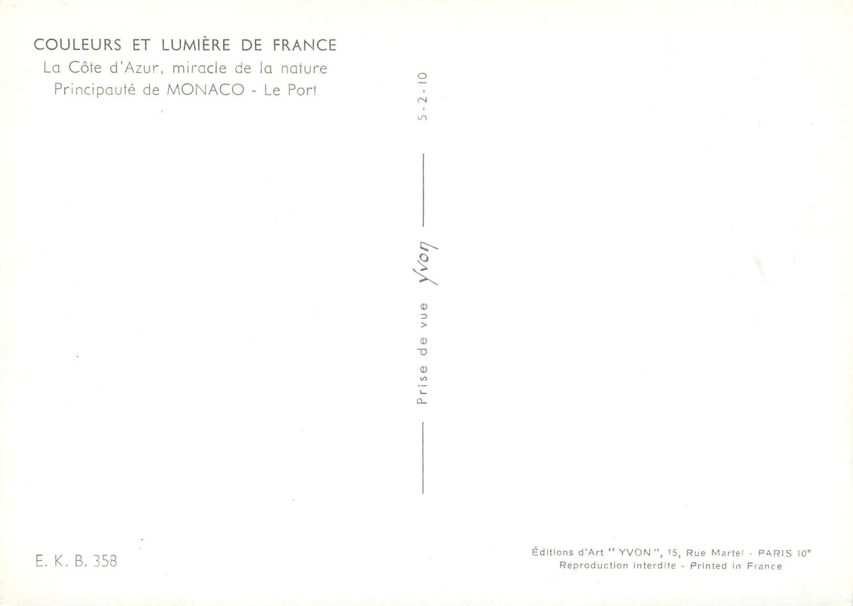 CPM COULEURS ET LUMIÈRE DE FRANCE La Côle d'Azur miracle de la nature Principauté de MONACO  Le Port — Back
