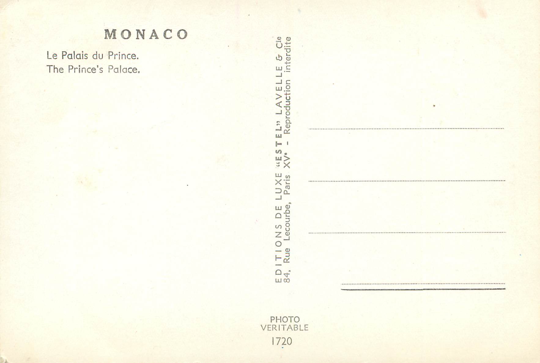 Schloss des Prinzen — Monaco — Verlag Estel, Nr. 1720 — Rückseite
