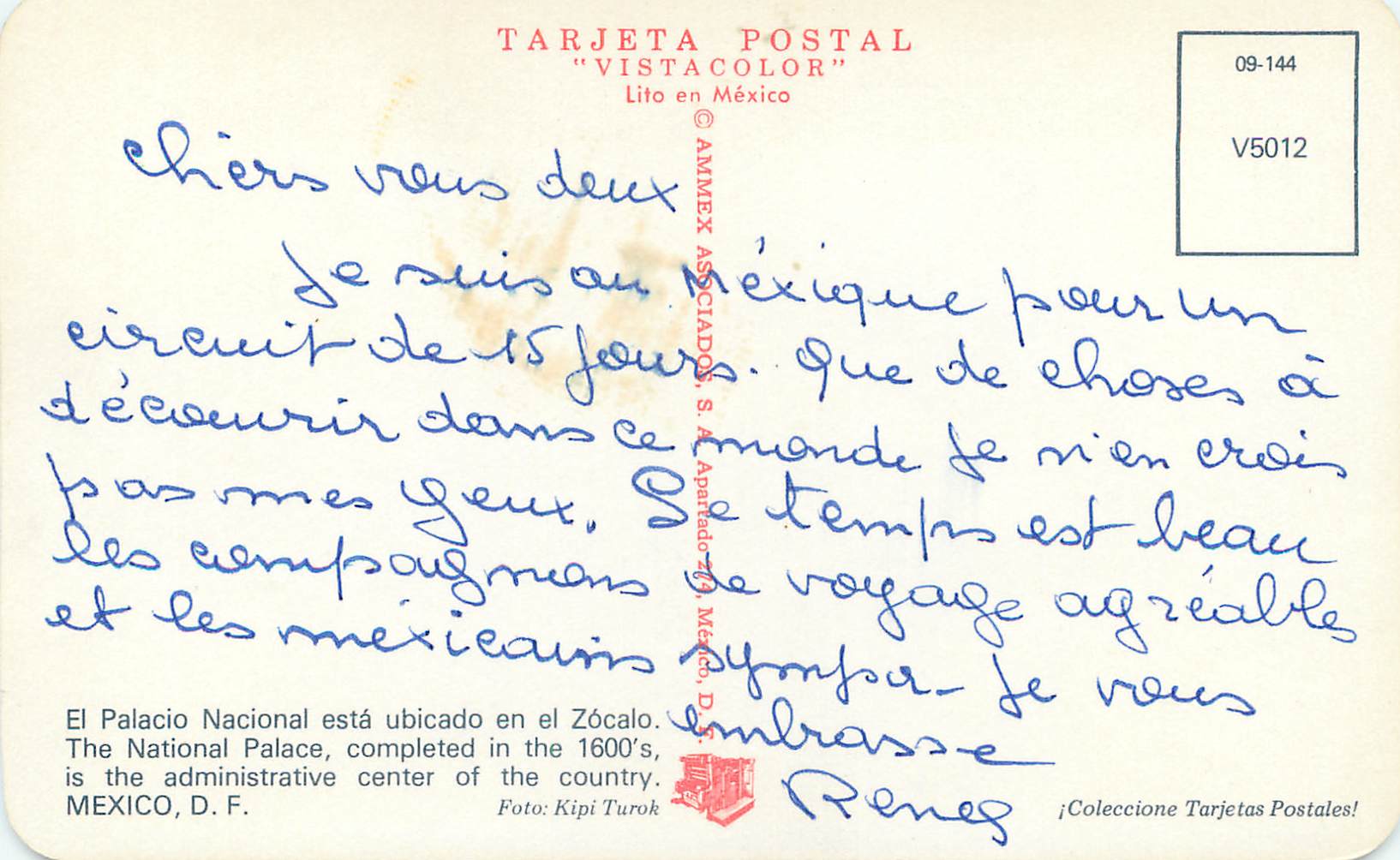 Palacio Nacional — Mexico — TARJETA POSTAL "VISTACOLOR" n° V5012 — Rückseite
