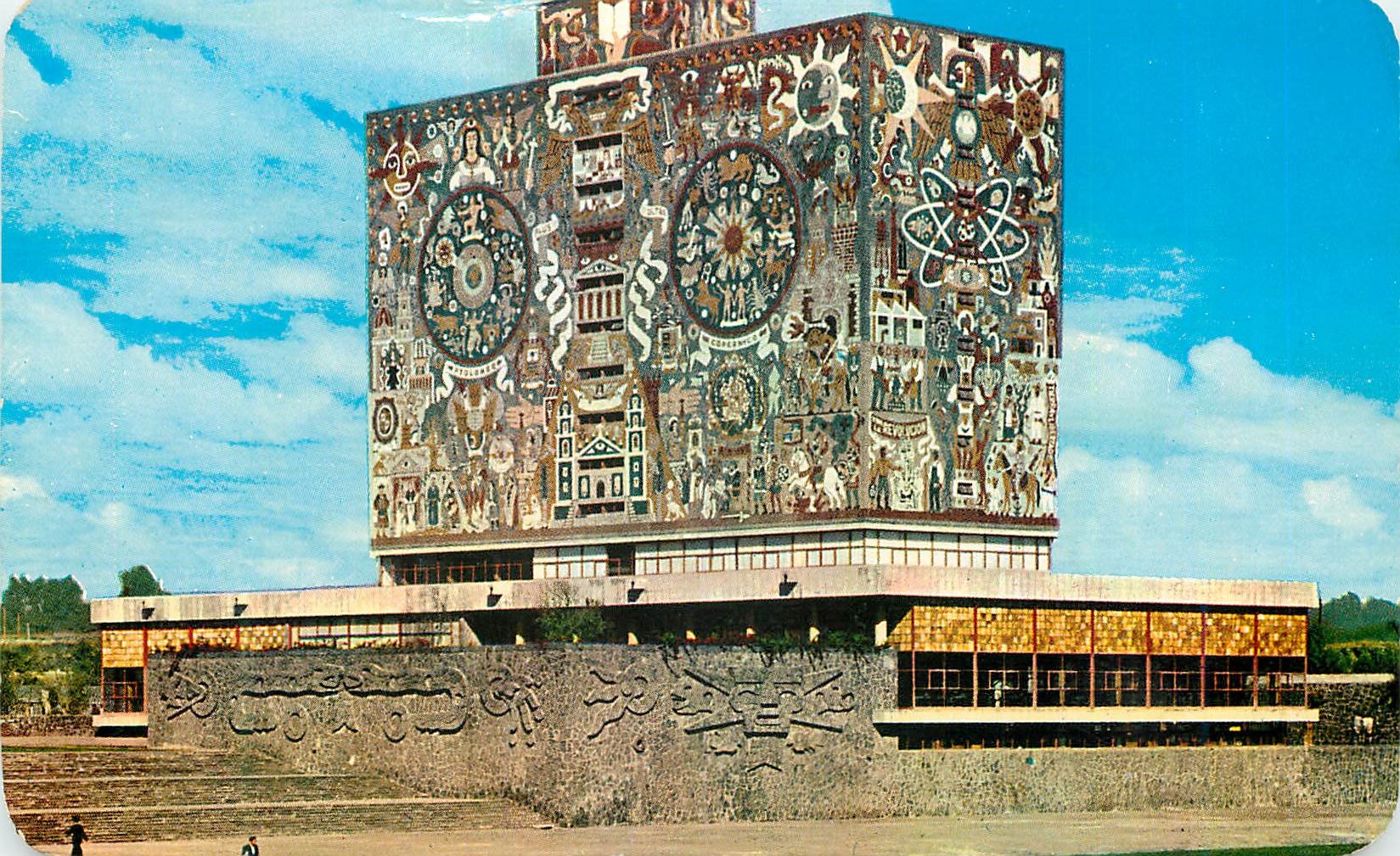 CPM The south and east walls of the Central Library with a mural in natural color stone by Juan O'Gorman at the National