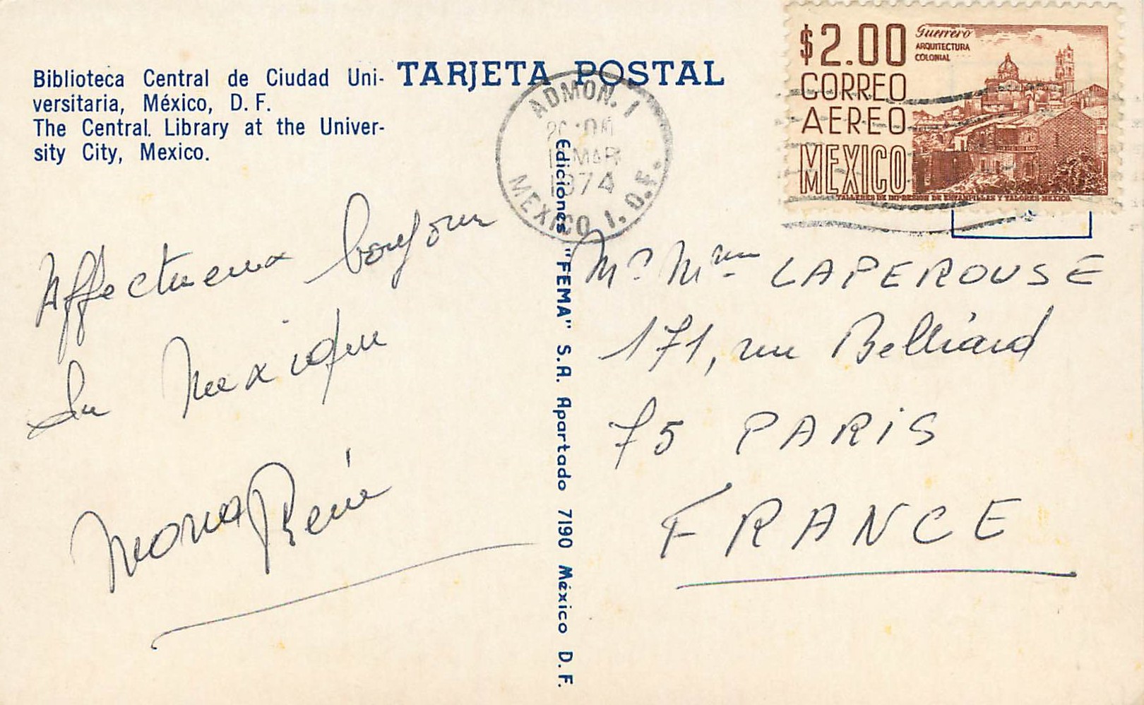 Universidad Nacional de México — Biblioteca Central — éditeur 'Tarjeta Postal' et n° série 171 — Rückseite