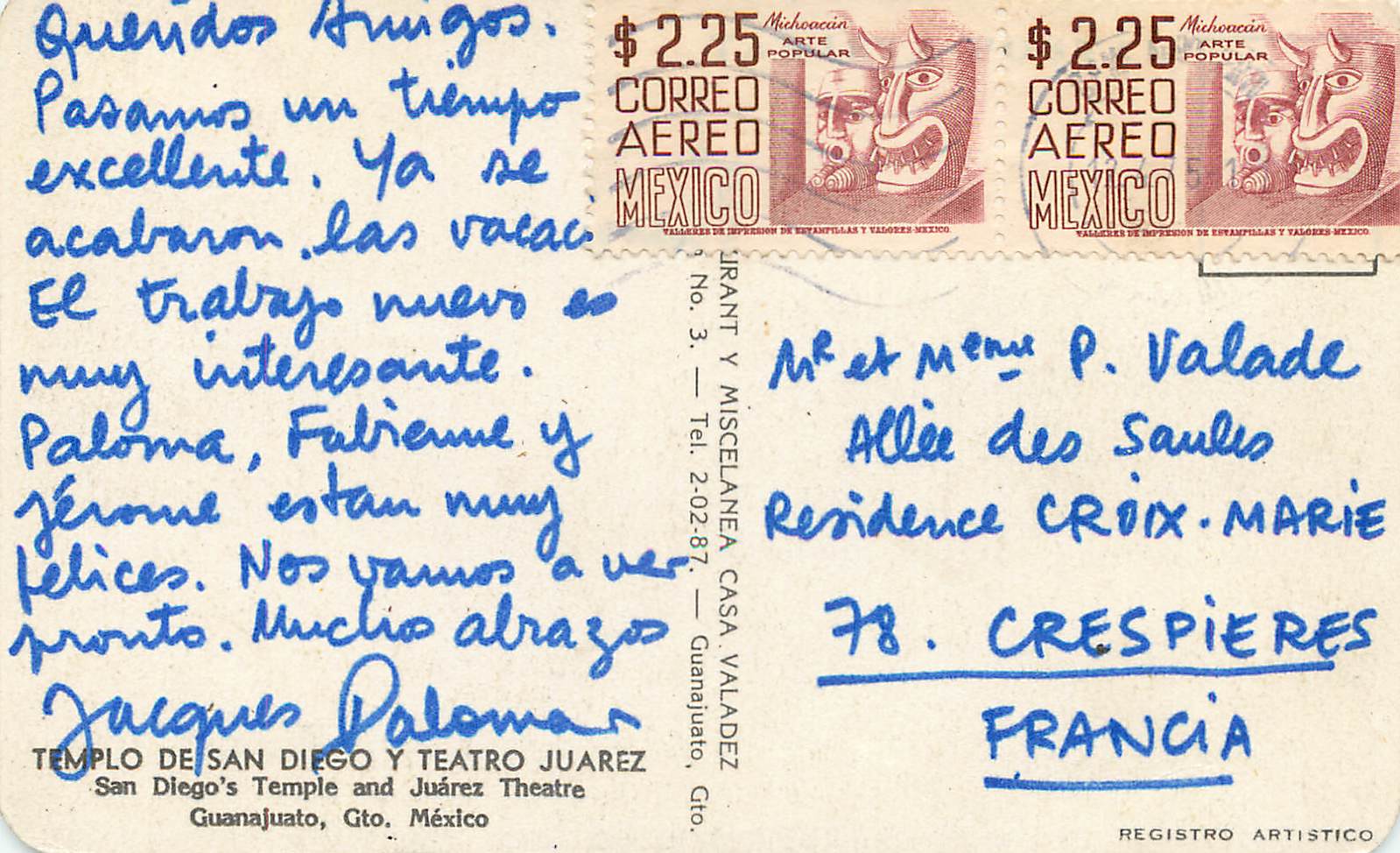 CPM San Diego’s Temple and Juarez Theatre Guanajuato Mexico — Rückseite