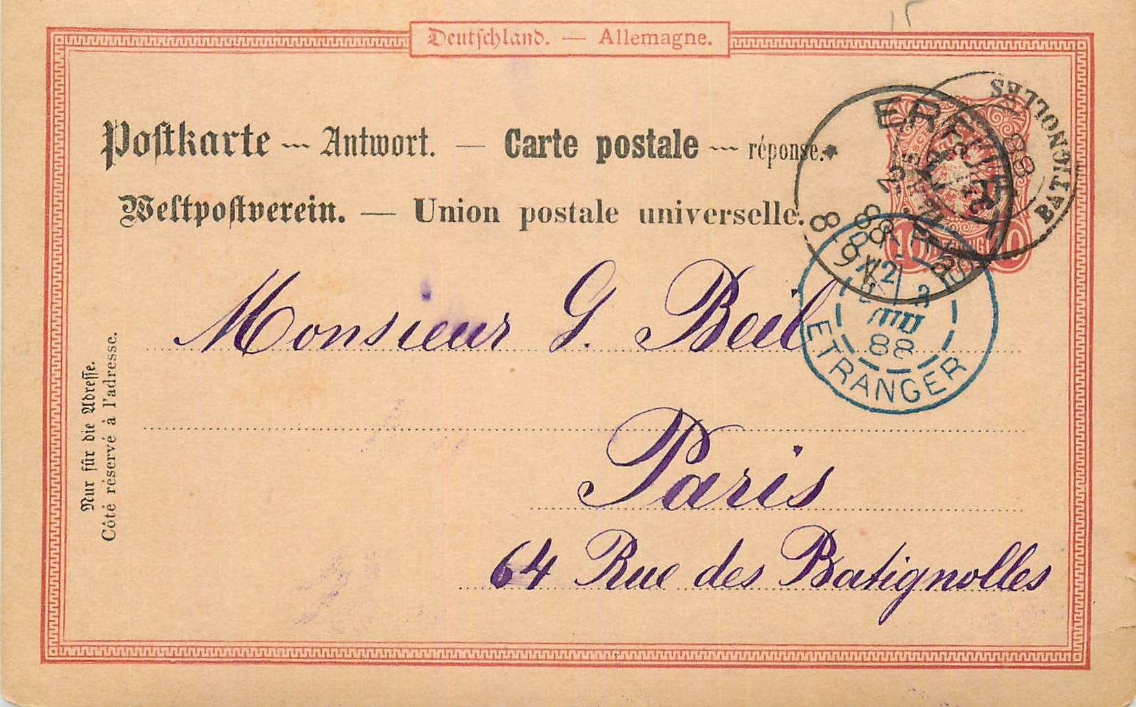 Entier Postal Erfurt 1888 pour Paris Rue des Batignolles