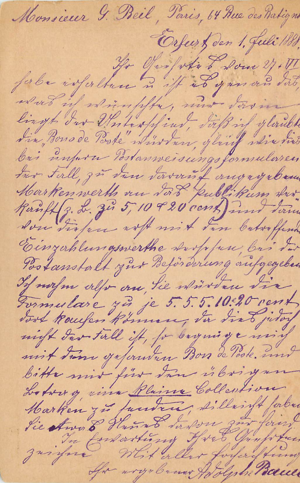Entier Postal Erfurt 1888 pour Paris Rue des Batignolles — Rückseite